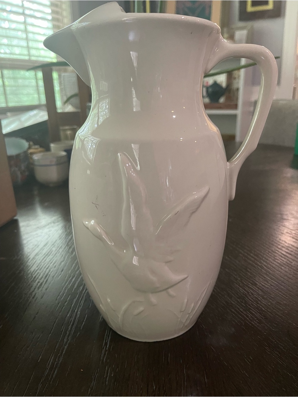 Vintage Cream White Ceramic Pitcher Vase with Embossed Bird & Leaf design